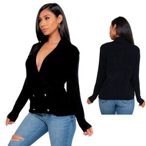 NWT Black Long Sleeve Cardigan Sweater with Plunge Neckline and Gold Buttons
